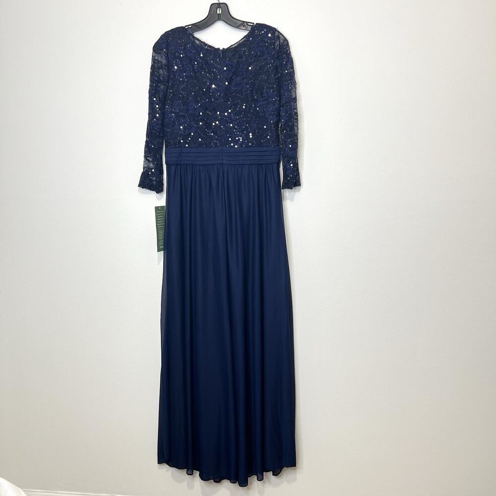 Jackie Jon New York Womens 10 Navy Blue Lace Sequin 3/4 Sleeve Formal Gown Maxi
